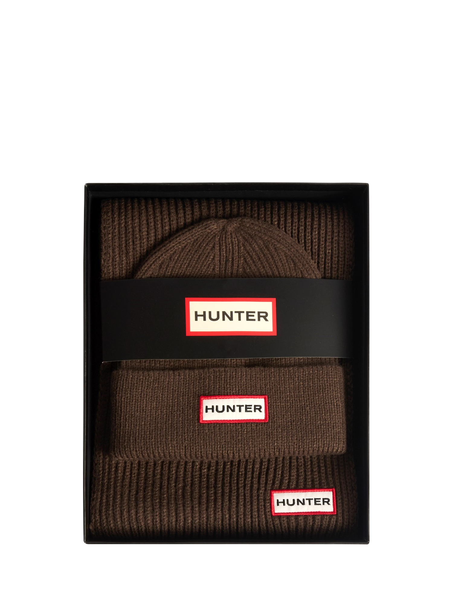 Product image 1 of 2, which shows Hunter Ribbed Beanie & Scarf Gift Set, Chocolate Brown