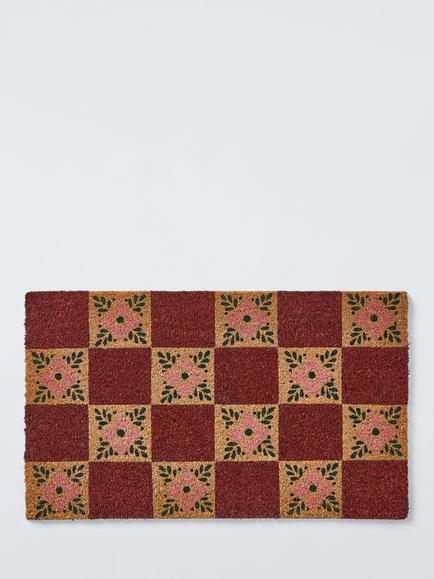 John Lewis Floral Checkerboard Door Mat, Pink, Pink