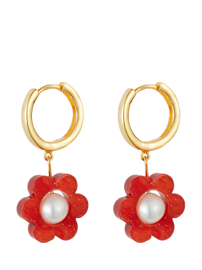Product image 1 of 4, which shows Toolally Flower Pearl Huggie Earrings, Gold/Red