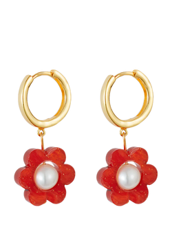 Toolally Flower Pearl Huggie Earrings, Gold/Red, Gold/Red