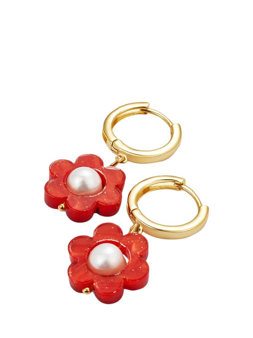 Product image 2 of 4, which shows Toolally Flower Pearl Huggie Earrings, Gold/Red
