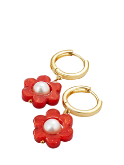 Toolally Flower Pearl Huggie Earrings, Gold/Red - view 2, Gold/Red