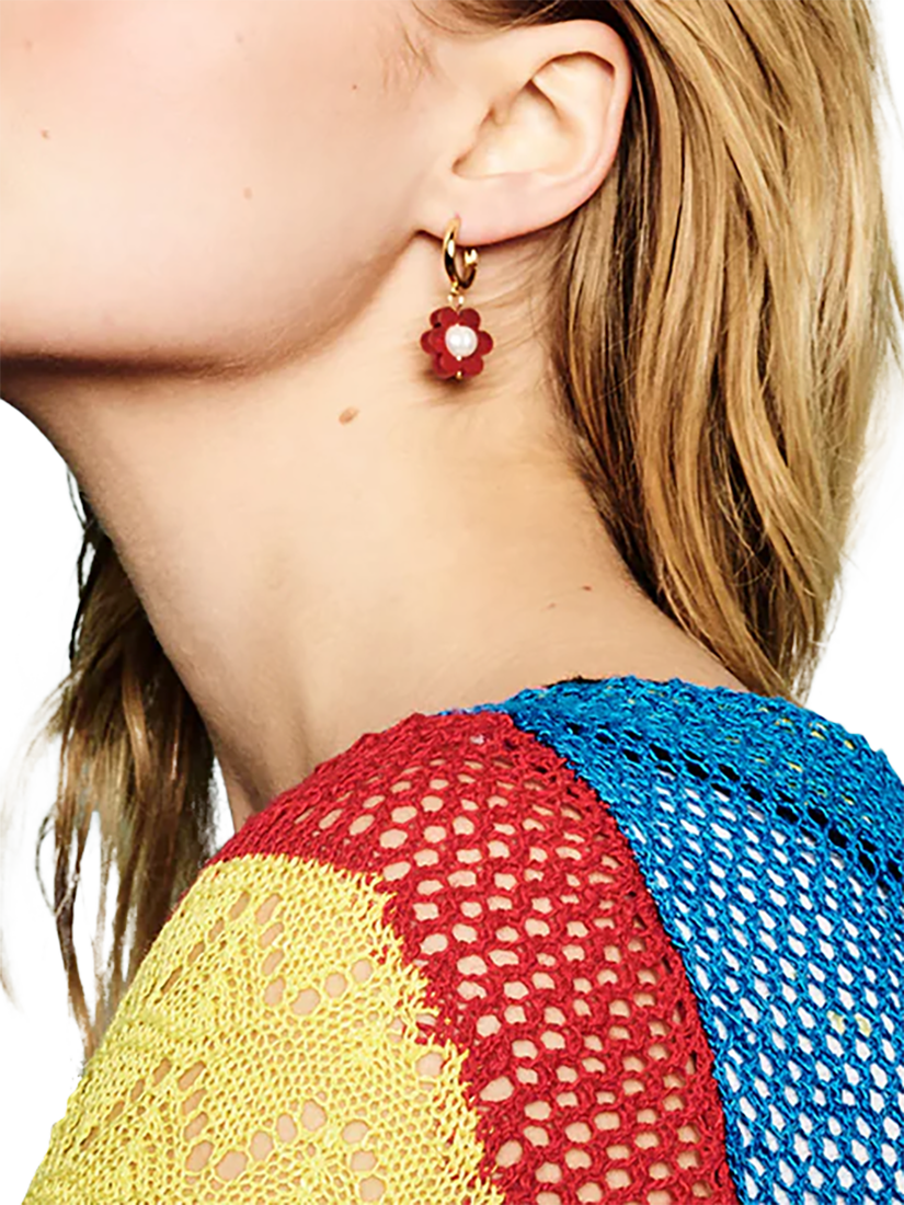 Product image 3 of 4, which shows Toolally Flower Pearl Huggie Earrings, Gold/Red