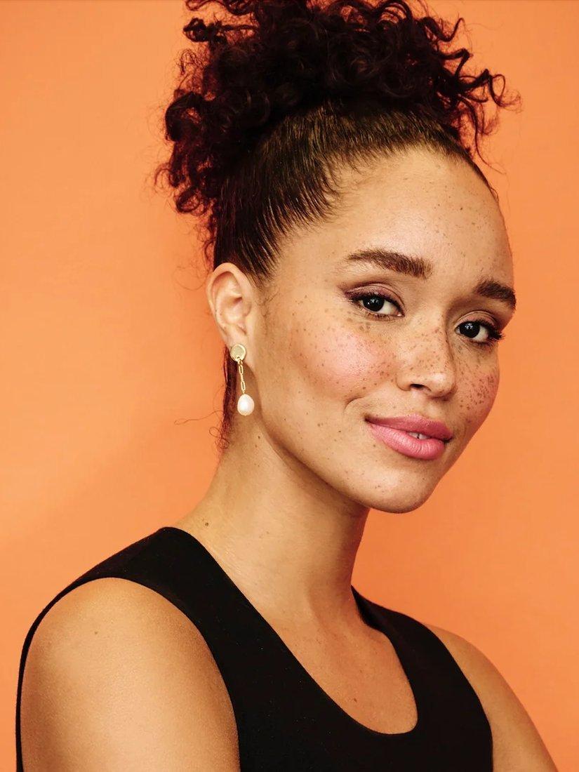 Product image 3 of 3, which shows Toolally Pearl Drop Earrings, Gold/White