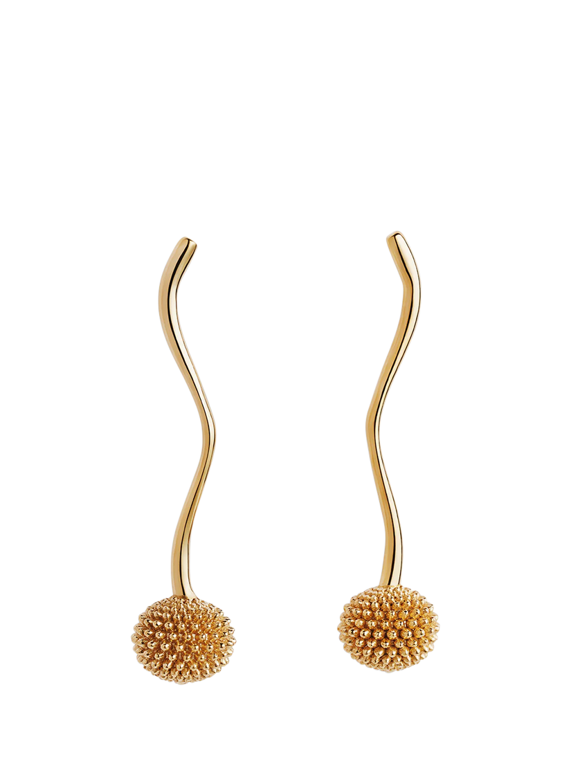 Product image 1 of 4, which shows Toolally Pom Pom Long Drop Earrings, Gold