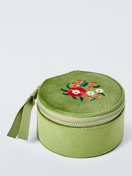 John Lewis Archive Embroidered Floral Travel Jewellery Box, Green, Green