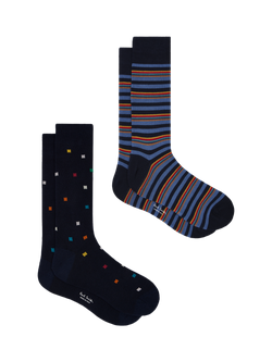 Paul Smith Cotton Rich Stripe & Square Socks, Pack of 2, Black, Black