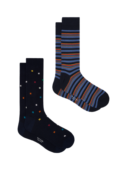 Paul Smith Cotton Rich Stripe & Square Socks, Pack of 2, Black, Black