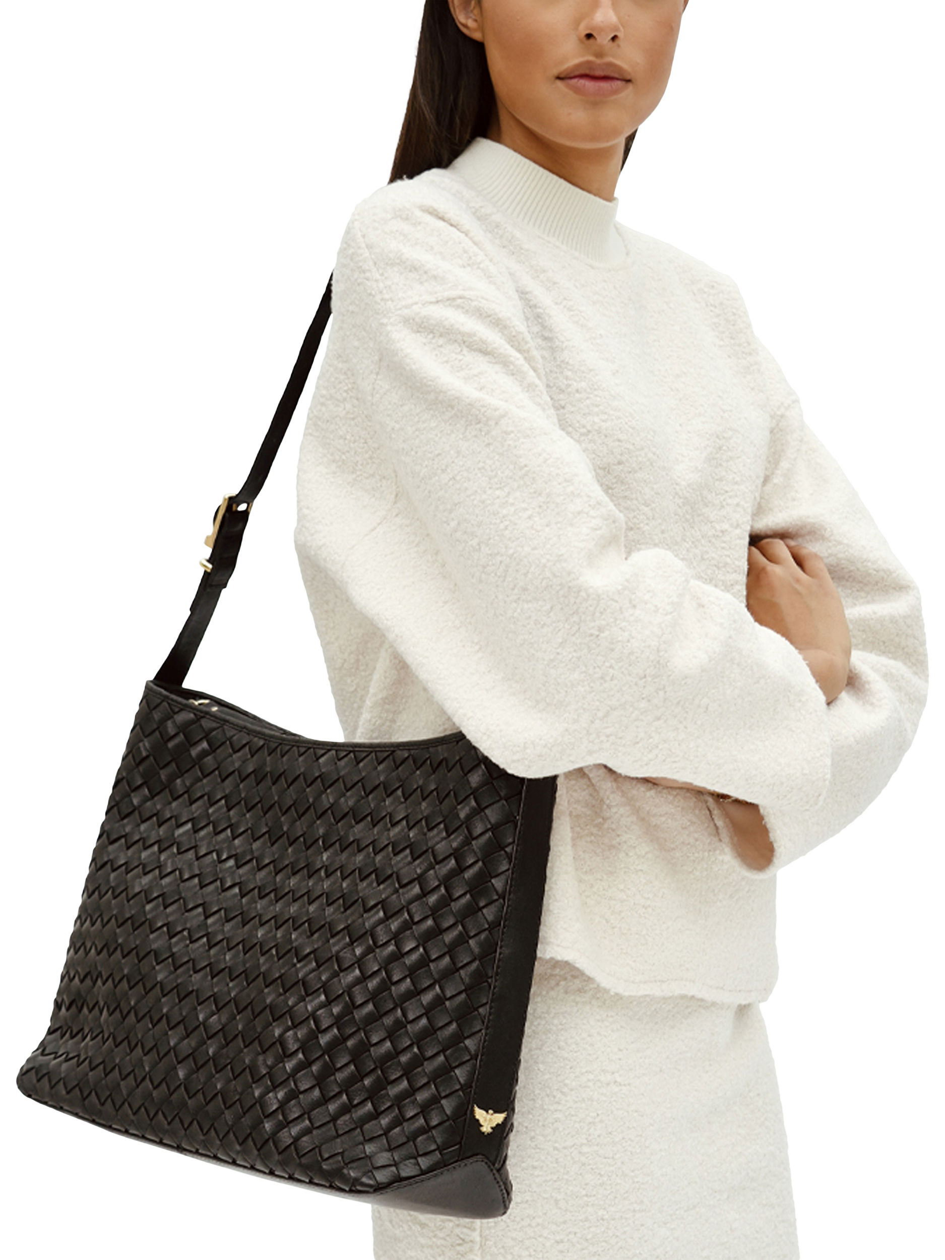 Product image 5 of 5, which shows Apatchy London Holly Woven Leather Handbag, Black