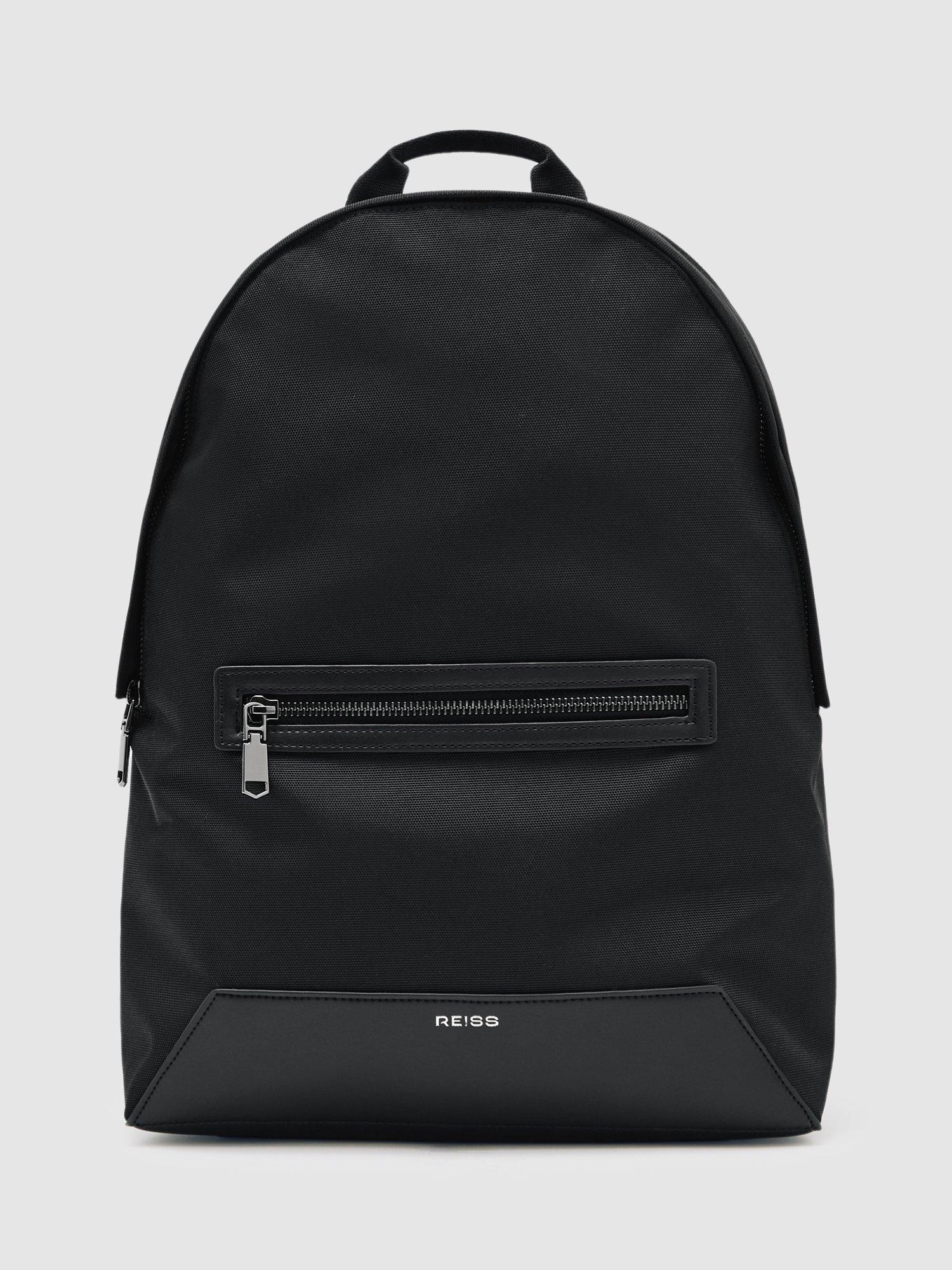 Product image 1 of 5, which shows Reiss Allen Woven Zipped Backpack, Black