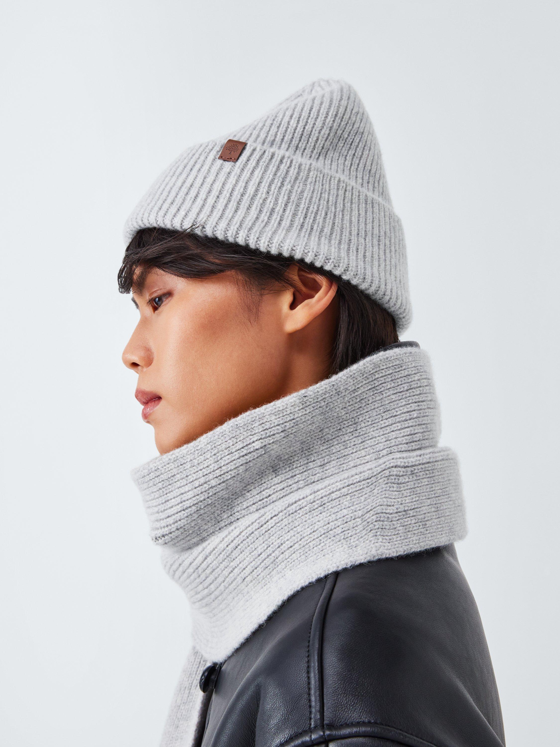 Mulberry Pure Wool Beanie Hat and Scarf Set, Light Grey
