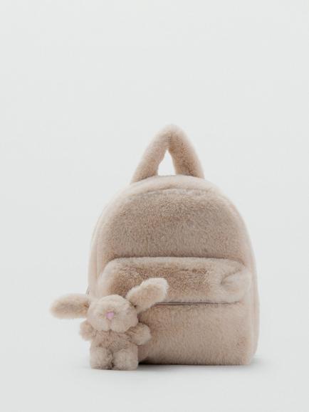 Mango Kids' Faux Fur Bunny Backpack, Beige, Beige