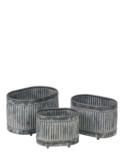 Pacific Oval Barrel Ribbed Zinc Outdoor Planters, Set of 3, Silver, Silver