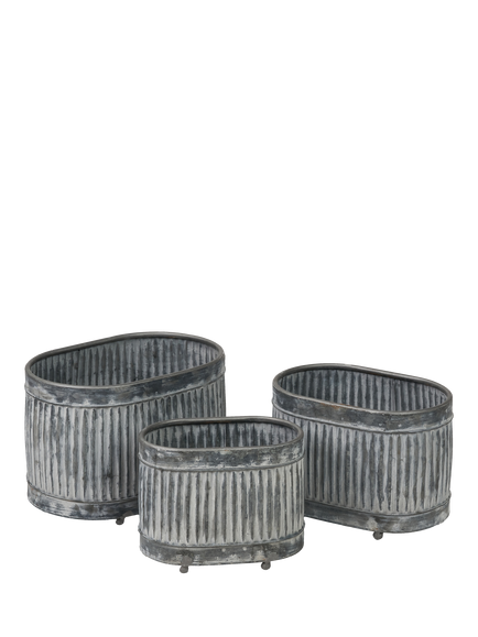 Pacific Oval Barrel Ribbed Zinc Outdoor Planters, Set of 3, Silver, Silver