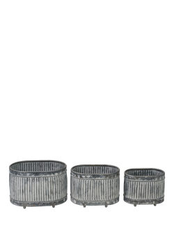 Pacific Oval Barrel Ribbed Zinc Outdoor Planters, Set of 3, Silver - view 2, Silver