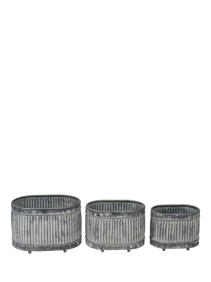 Pacific Oval Barrel Ribbed Zinc Outdoor Planters, Set of 3, Silver - view 2, Silver