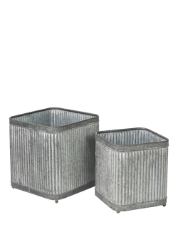 Pacific Square Ribbed Zinc Outdoor Planters, Set of 2, Silver, Silver