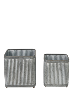 Pacific Square Ribbed Zinc Outdoor Planters, Set of 2, Silver - view 2, Silver