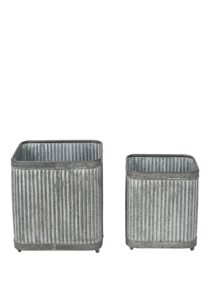 Pacific Square Ribbed Zinc Outdoor Planters, Set of 2, Silver - view 2, Silver