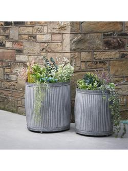 Pacific Barrel Ribbed Zinc Outdoor Planters, Set of 2, Silver - view 2, Silver