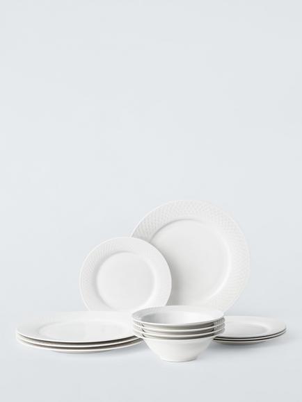 John Lewis Lattice Fine China Dinnerware Set, 12 Piece, White, White White