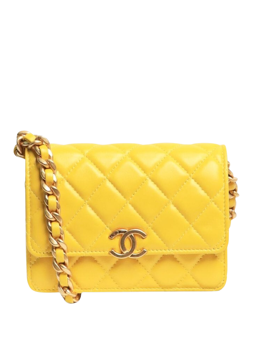 Product image 1 of 7, which shows Pre-loved CHANEL 2021 Diamond-Quilted Lambskin Candy Wallet, Lemon
