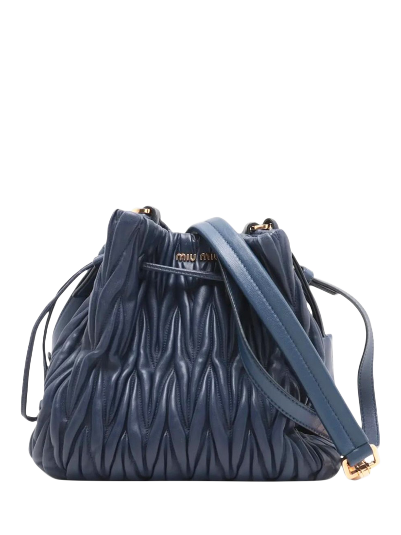 Product image 1 of 10, which shows Pre-loved Miu Miu Matelassé Leather 2-Way Bucket Bag, Dark Blue