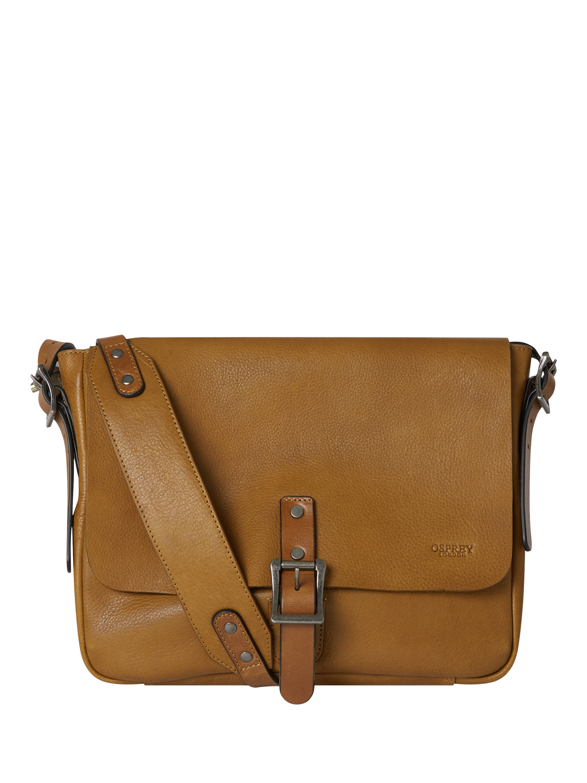 Product image 1 of 4, which shows OSPREY LONDON Lorenzo Medium Leather Messenger Bag, Tan