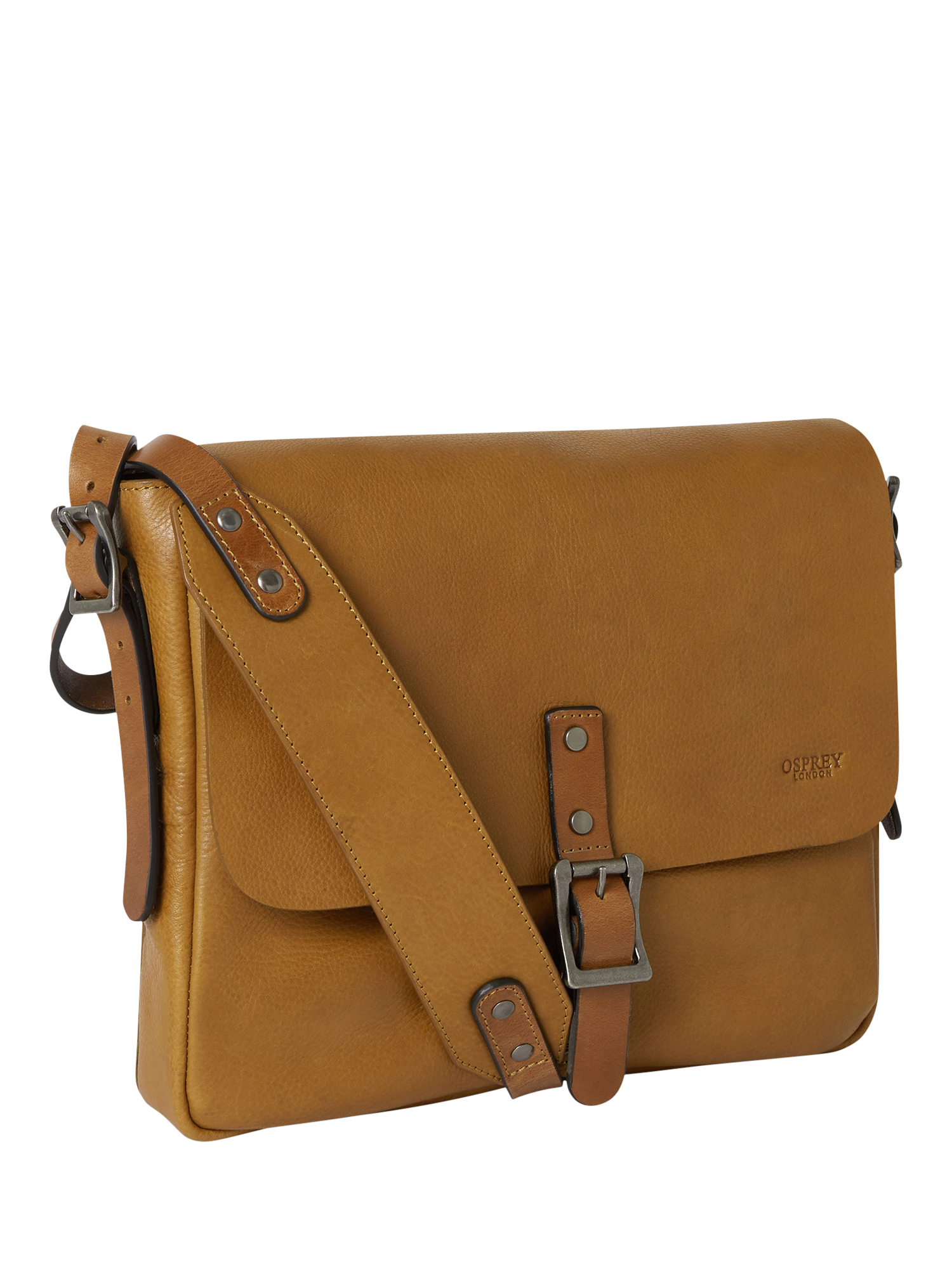 Product image 2 of 4, which shows OSPREY LONDON Lorenzo Medium Leather Messenger Bag, Tan