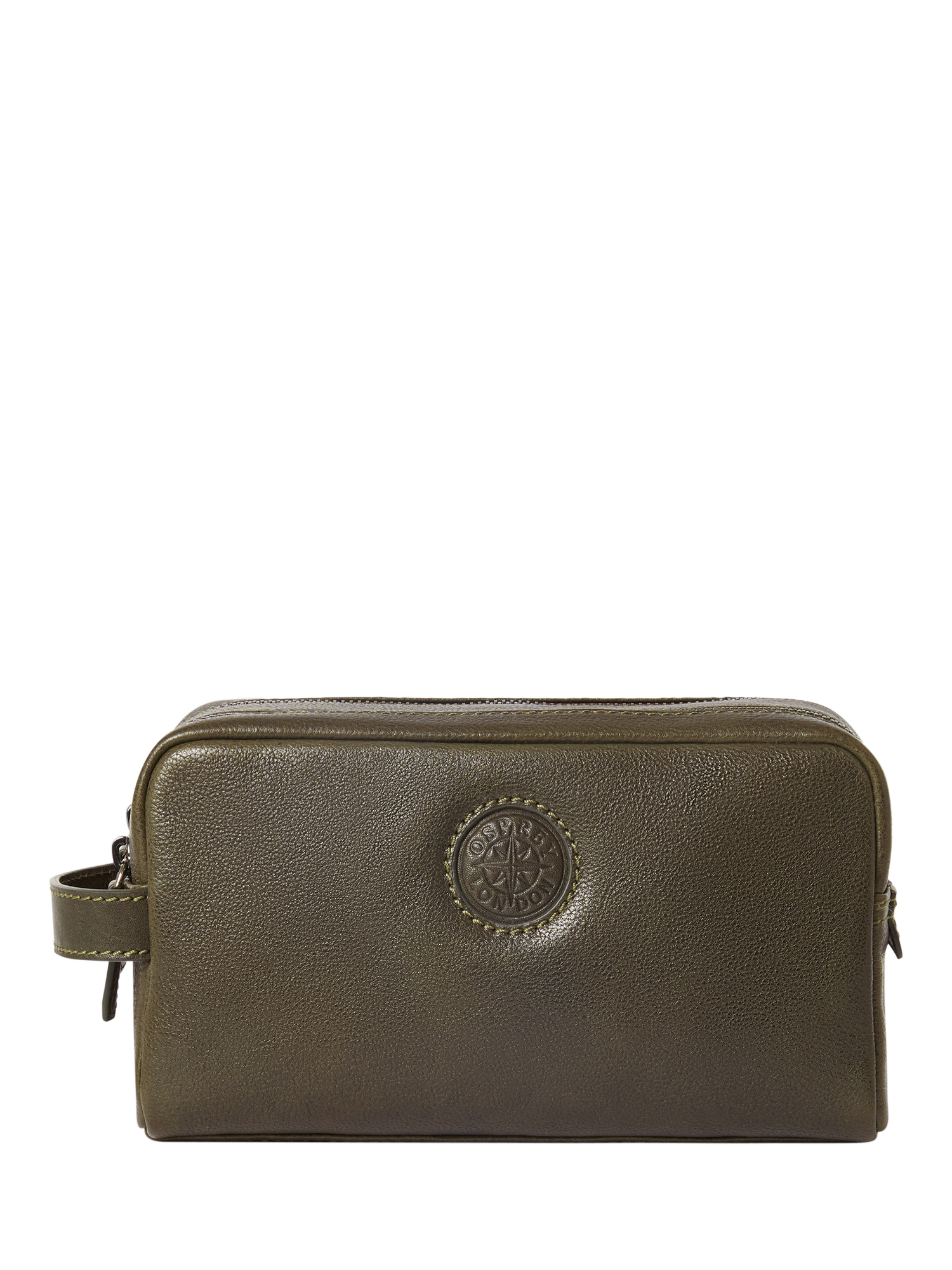 Product image 1 of 5, which shows OSPREY LONDON The Compass Leather Washbag, Dark Olive