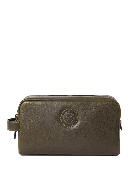 OSPREY LONDON The Compass Leather Washbag, Dark Olive