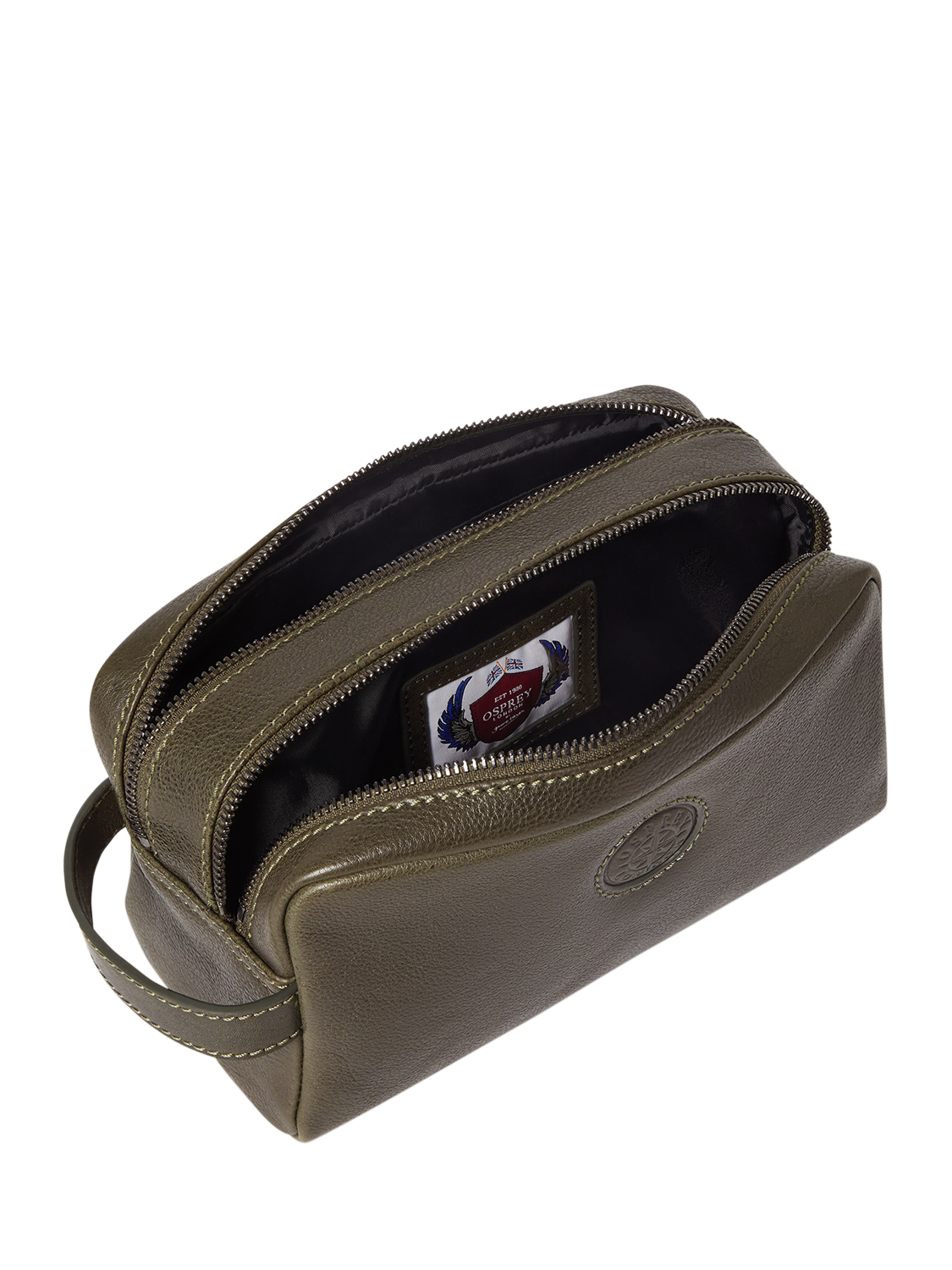 Product image 5 of 5, which shows OSPREY LONDON The Compass Leather Washbag, Dark Olive