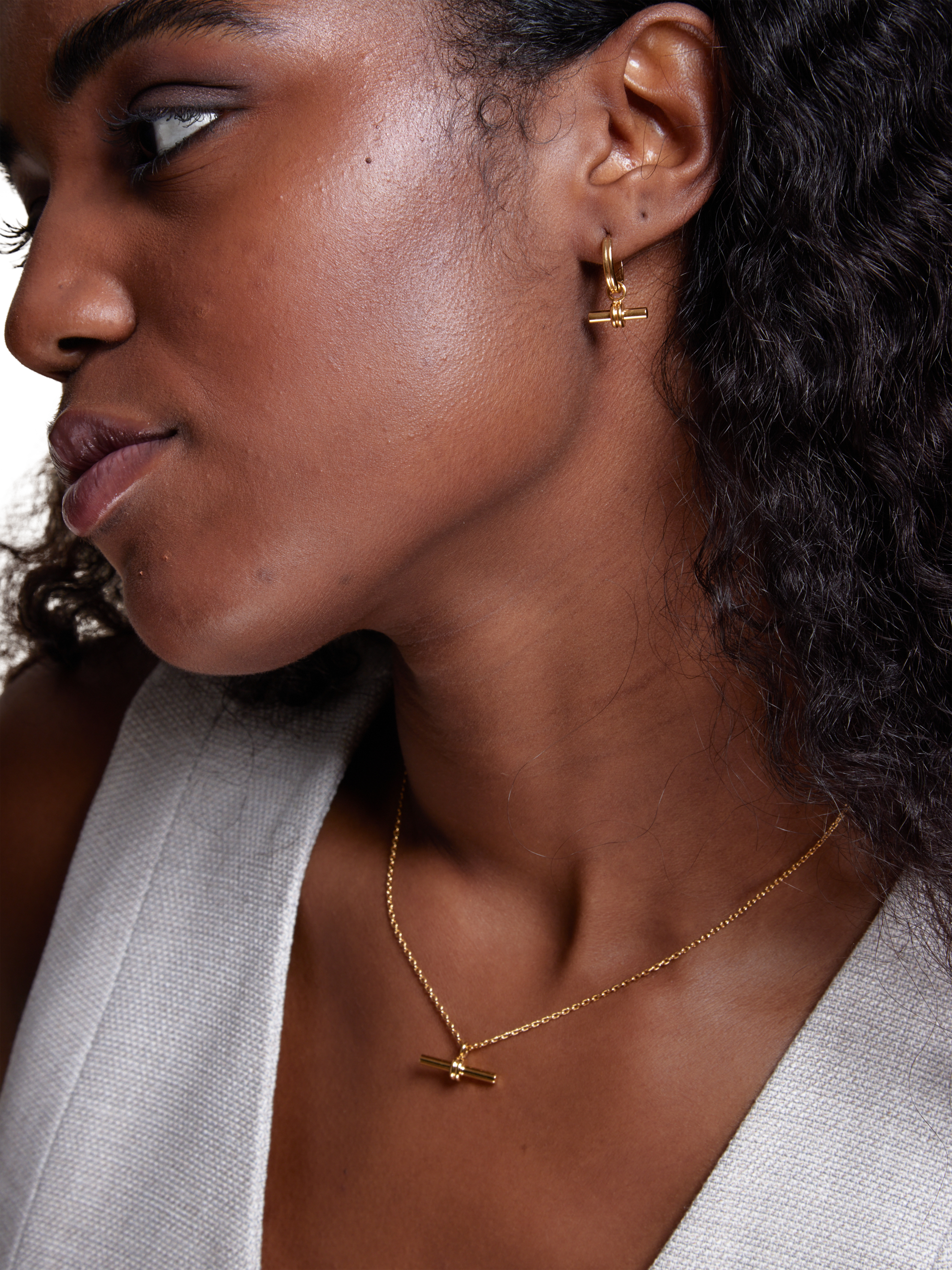 Product image 2 of 2, which shows Orelia LUXE Linear T-Bar Drop Hoop Earrings, Pale Gold