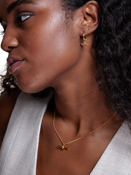 Orelia Luxe Waterproof Linear T-Bar Drop Hoop Earrings - view 2, Pale Gold