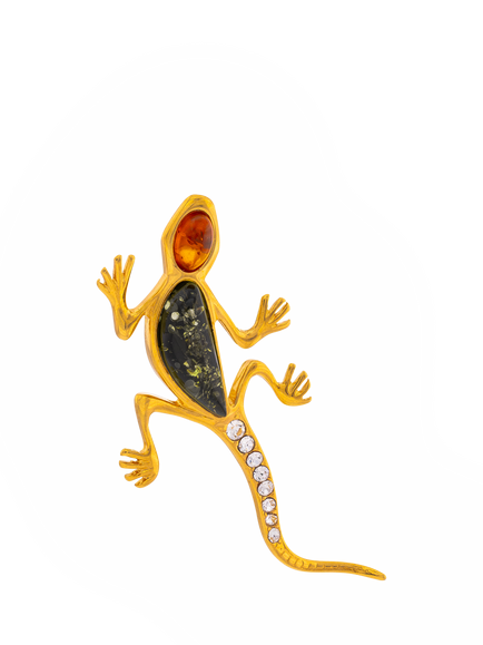Be-Jewelled Baltic Amber Lizard Brooch, Gold/Multi, Gold/Multi