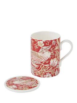 Morris & Co. Strawberry Thief Bone China Mug & Coaster, 340ml, Indian Red, Red