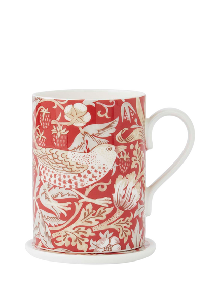 Morris & Co. Strawberry Thief Bone China Mug & Coaster, 340ml, Indian Red - view 2, Red