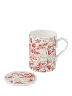 Morris & Co. Strawberry Thief Bone China Mug & Coaster, 340ml, Madder Red, Red