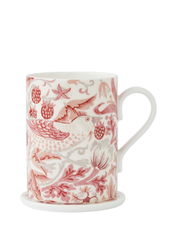 Morris & Co. Strawberry Thief Bone China Mug & Coaster, 340ml, Madder Red - view 2, Red