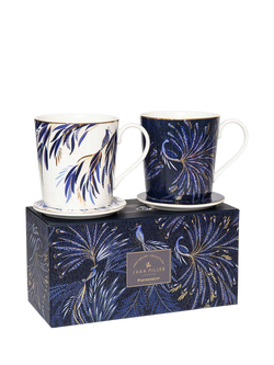 Sara Miller Anniversary Collection Fine China 344ml Mug & Coaster, Set of 2, Indigo/White, Multi