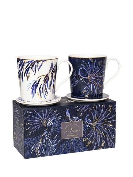 Sara Miller Anniversary Collection Fine China 344ml Mug & Coaster, Set of 2, Indigo/White, Multi