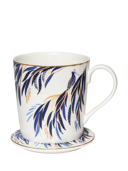 Sara Miller Anniversary Collection Fine China 344ml Mug & Coaster, Set of 2, Indigo/White - view 2, Multi