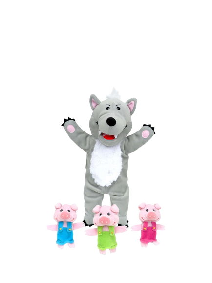 Bigjigs Toys Big Bad Wolf & 3 Little Pigs Hand & Finger Puppet Set, Multi