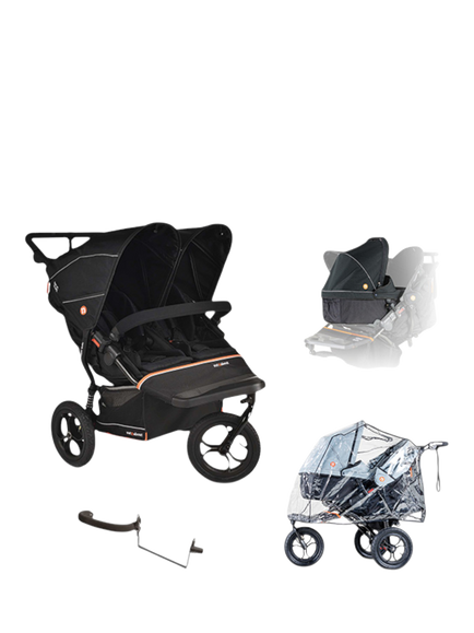 Out'n'About Nipper V6 Double Pushchair Newborn Bundle, Summit Black