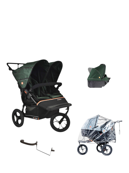 Out'n'About Nipper V6 Double Pushchair Newborn Bundle, Sycamore Green