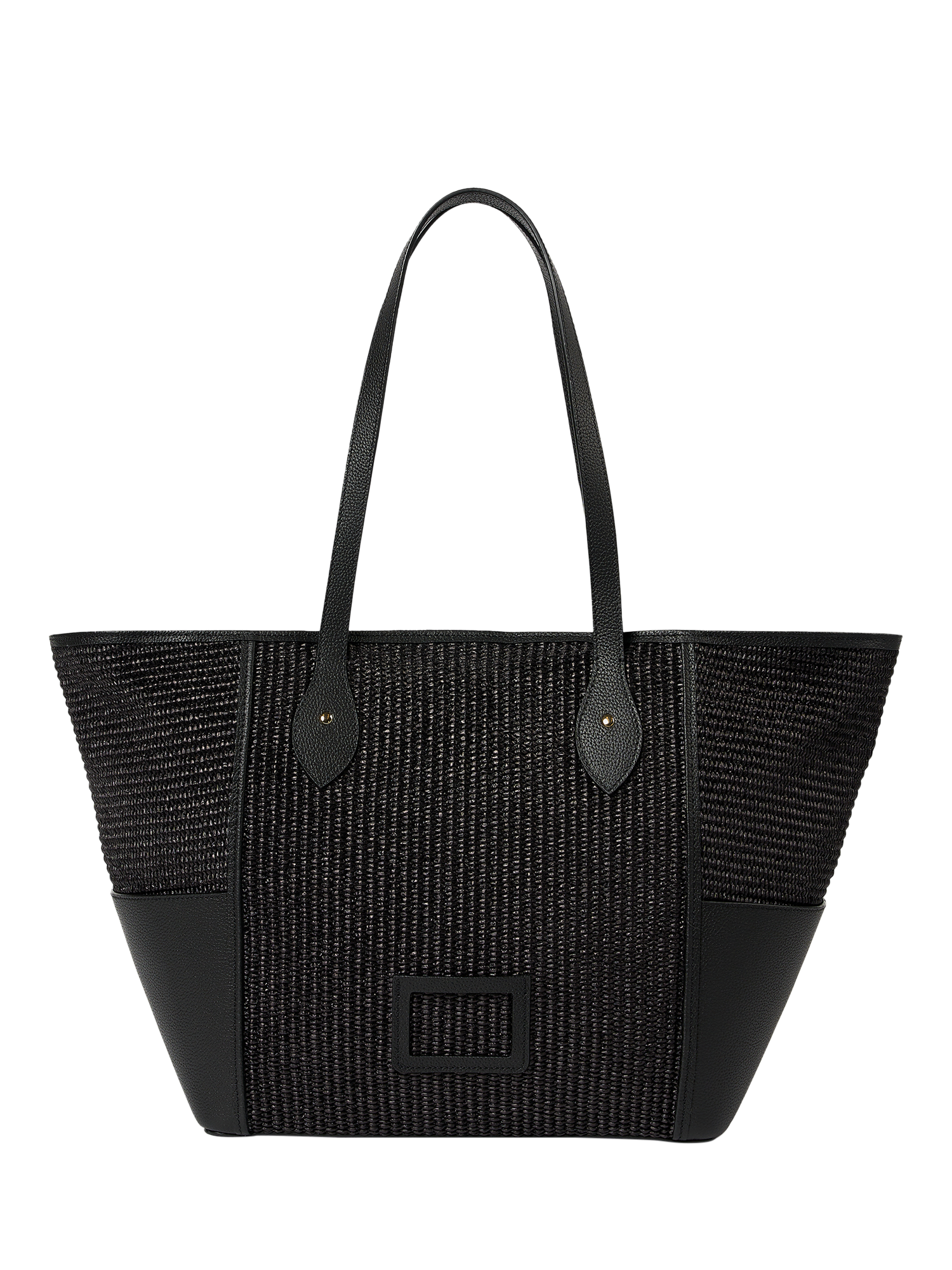Product image 1 of 9, which shows Cambridge Satchel Raffia Tote Bag, Black