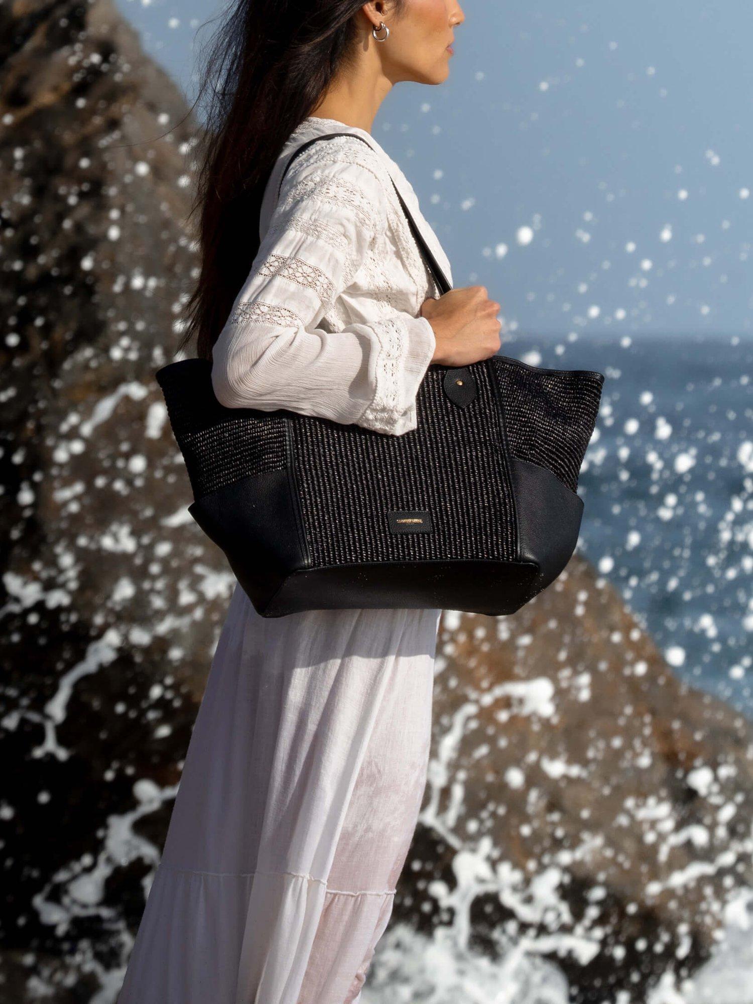 Product image 2 of 9, which shows Cambridge Satchel Raffia Tote Bag, Black