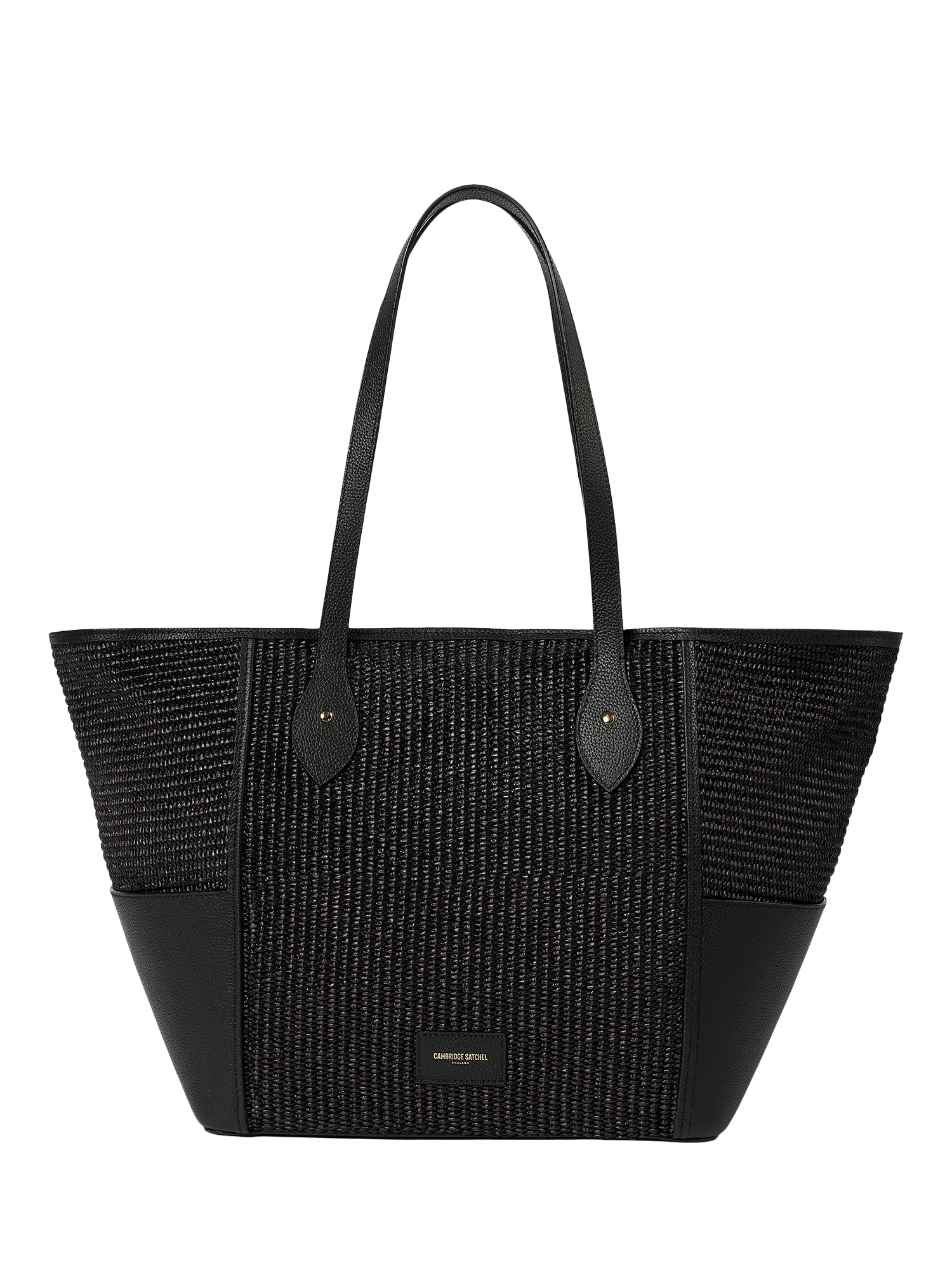 Product image 3 of 9, which shows Cambridge Satchel Raffia Tote Bag, Black