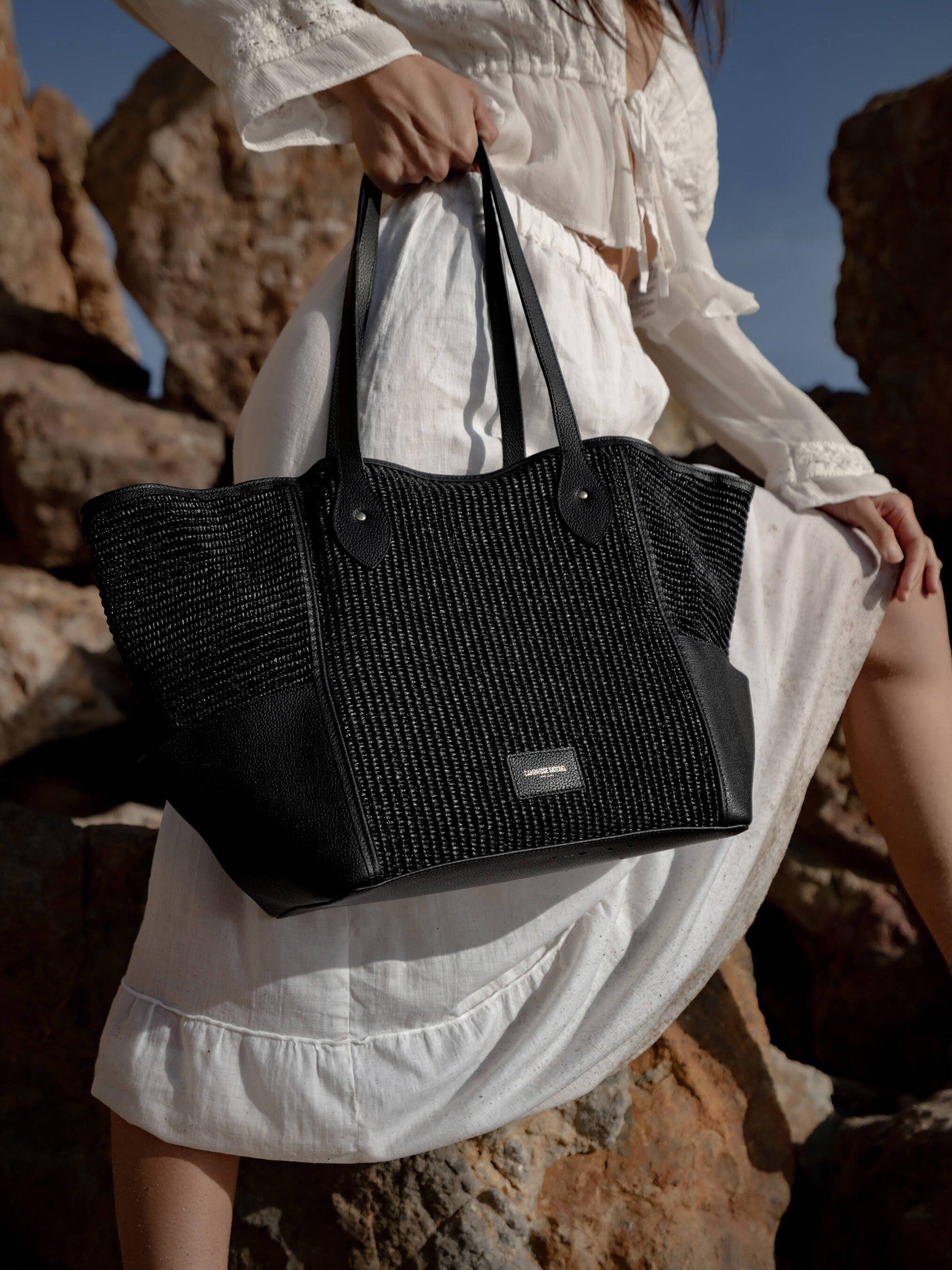 Product image 8 of 9, which shows Cambridge Satchel Raffia Tote Bag, Black