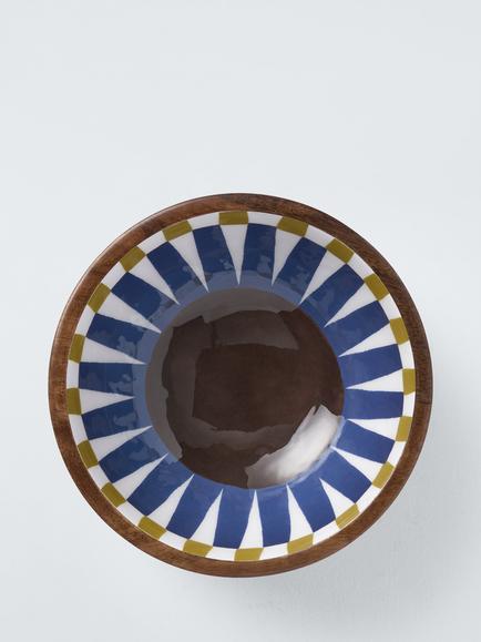 John Lewis Rustic Mango Wood Enamel Print Bowl, 18cm, Walnut/Multi - view 2, Walnut  Geometric
